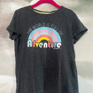 Eddie Bauer Charcoal Tee with Pink, Blue, Yellow Rainbow Graphic